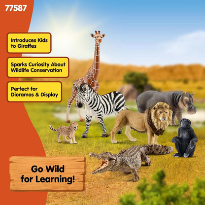Schleich Wild Life - 7PC Savannah Animal Toy Bundle | 77763 | African Wildlife Playset, Zebra Giraffe Monkey Alligator Cheetah Hippo Lion Figurines