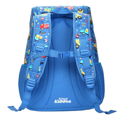 Smily Kiddos 18 Inch Kids School Backpack – Vehicle Theme Blue Multi-Compartment School Bag for Boys