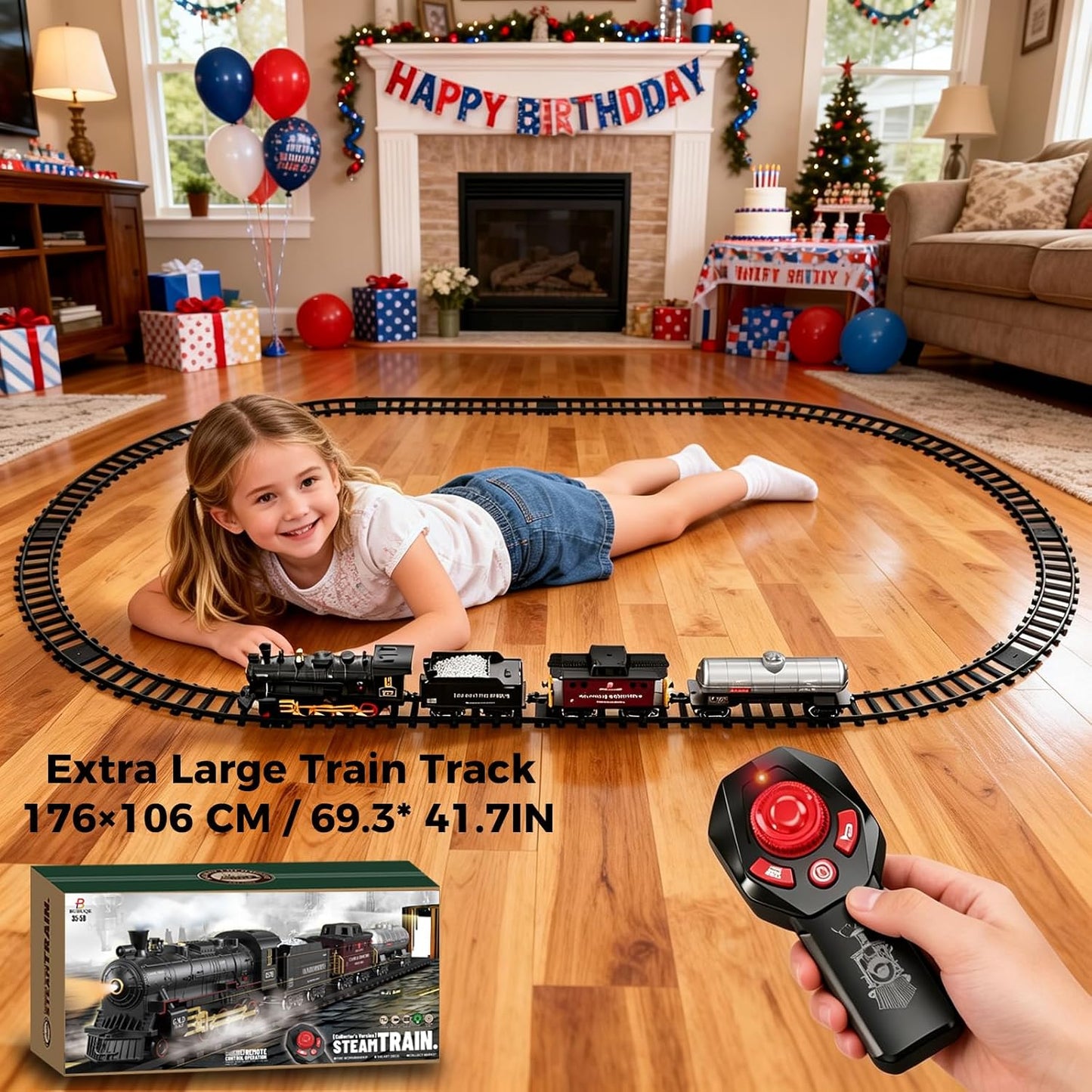 Classic Steam Train Set with Remote Control, Smoke, Whistle & Lights | Rechargeable Railway Toy with Cargo Cars & Tracks