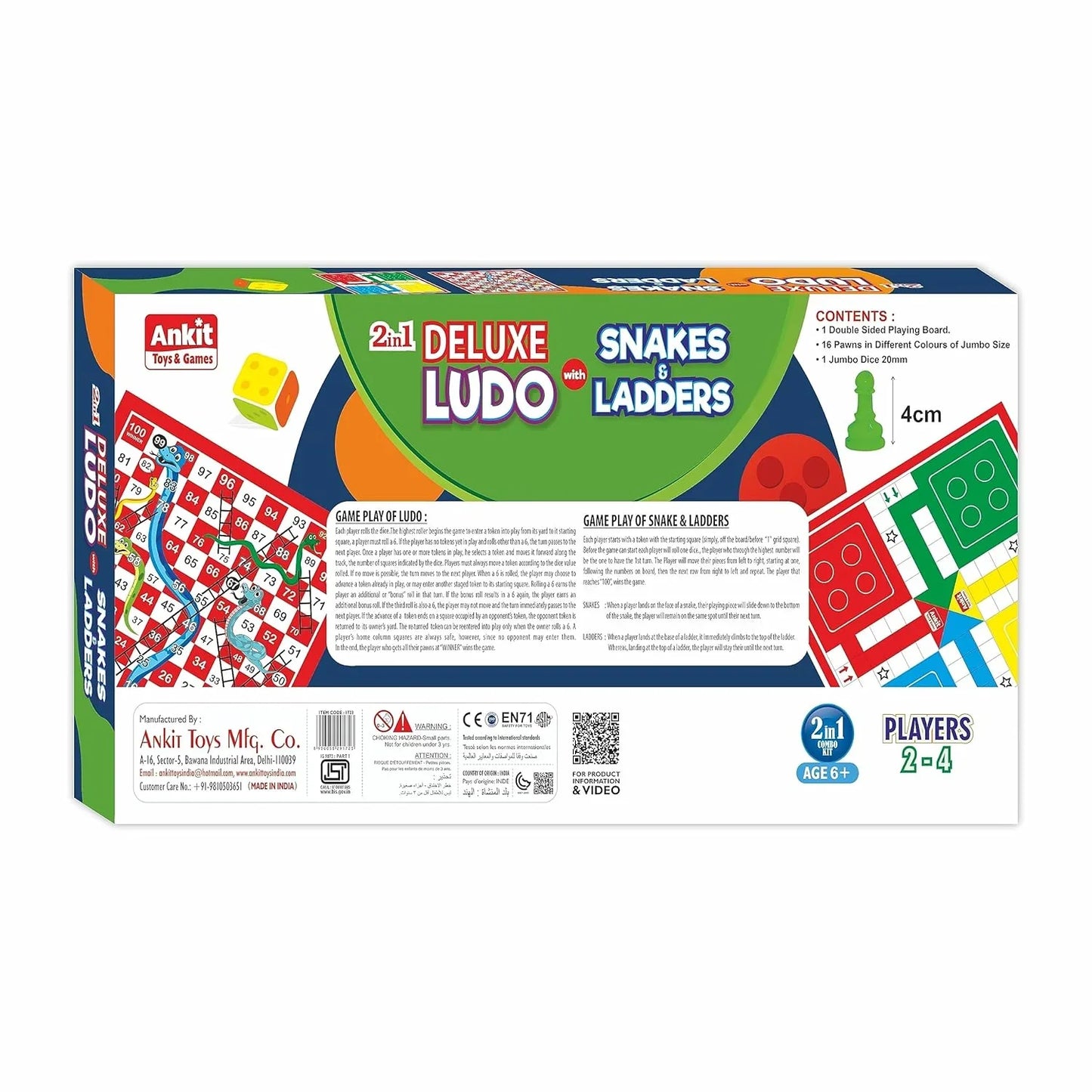 Ankit Toys 2-in-1 Ludo & Snakes & Ladders Deluxe Game – 46×46 cm Board for Kids & Adults