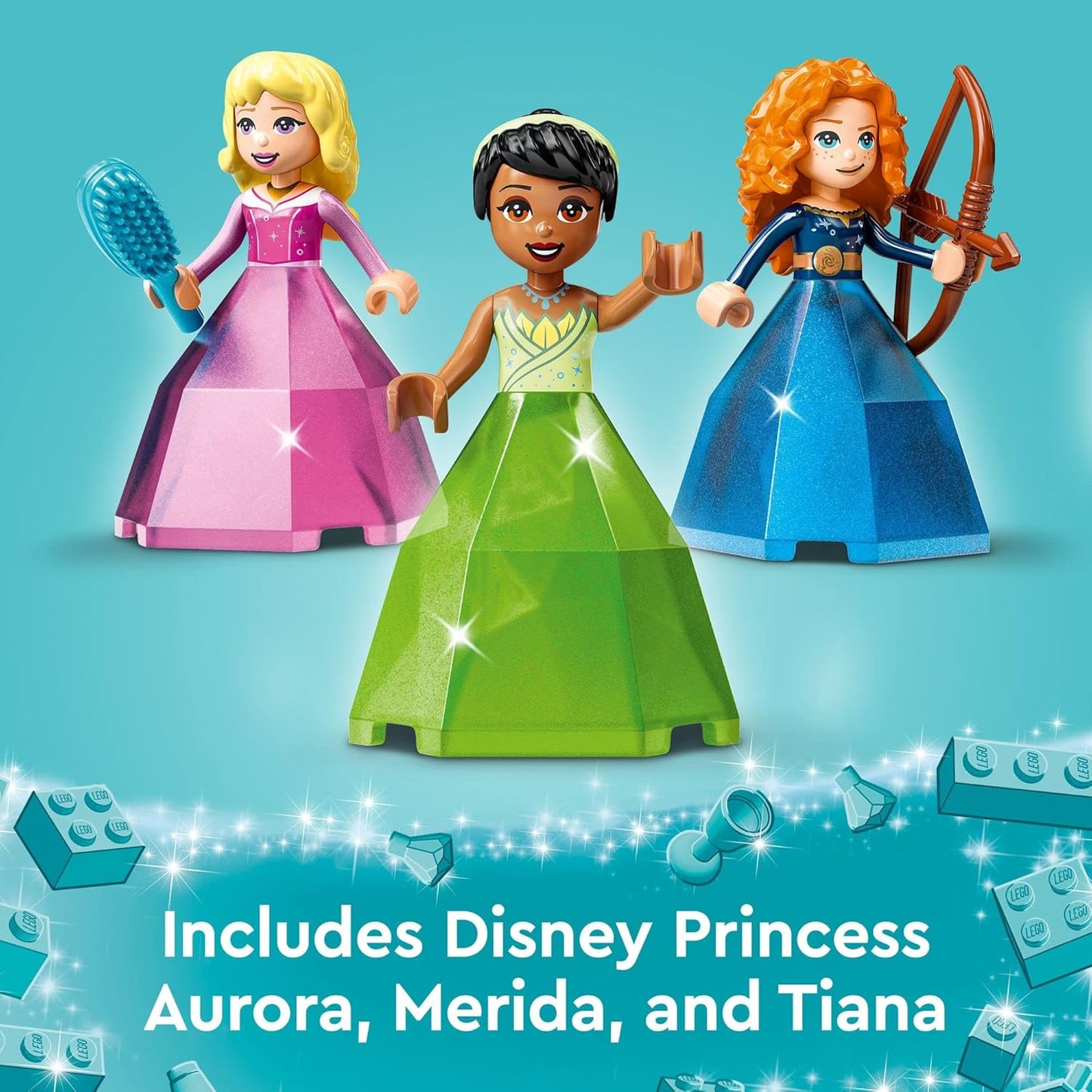 LEGO Disney Princess Aurora, Merida & Tiana’s Enchanted Creations 43203 Diamond Dress Set with 2 Buildable Jewelry Boxes, Pencil Holder, DOTS Bracelet and Mini-Dolls