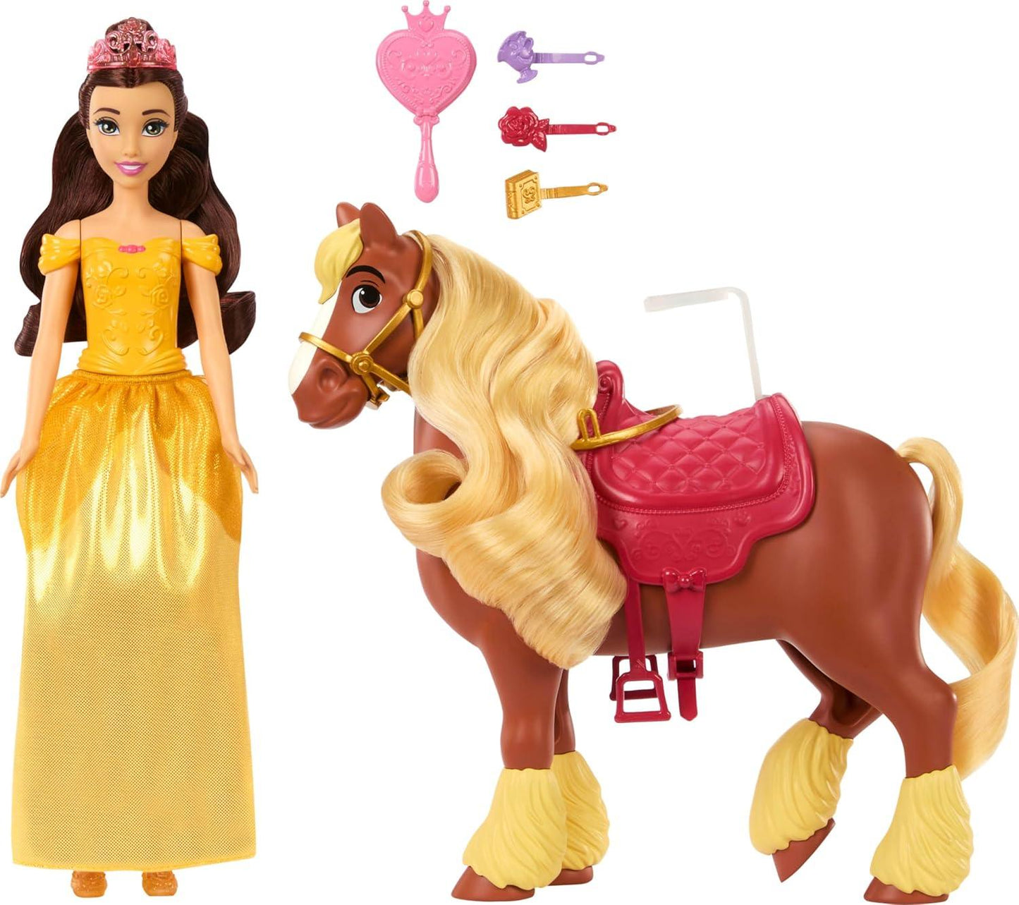 Disney Princess Belle & Philippe Horse Set | Mattel Fashion Doll with Styling Accessories & Brushable Mane - Jaiman Toys