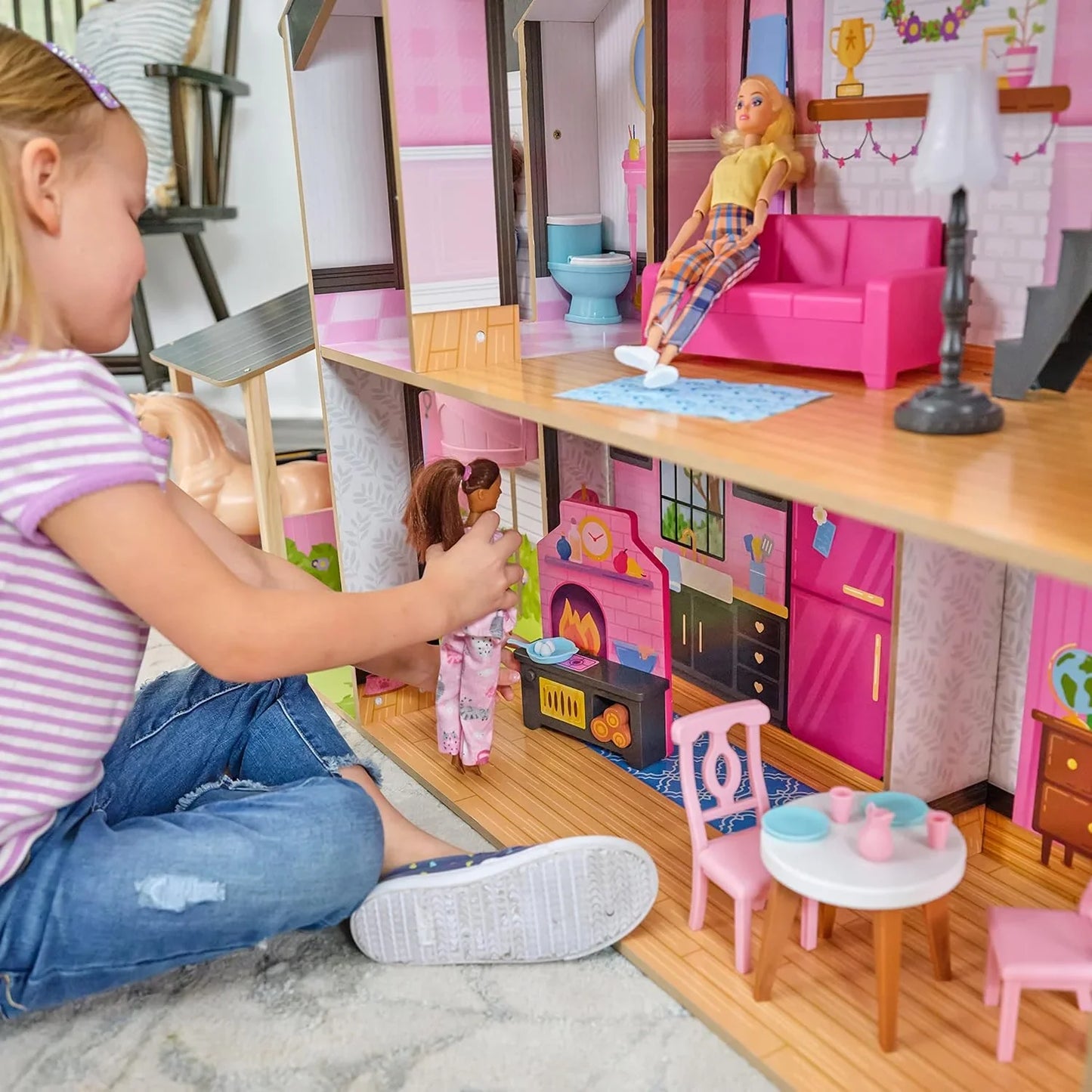 Windmill Elevator 2-in-1 Wooden Barn & Dollhouse with Horse and Lights & Sounds, Over 3 Feet Tall, Pink