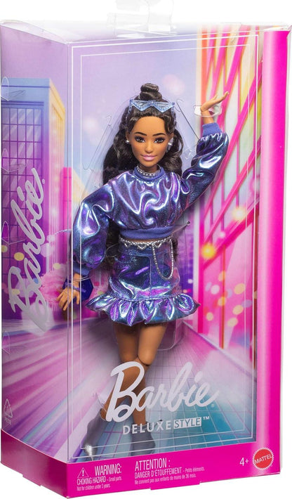 Barbie Deluxe Style Doll #7 – Metallic Blue Outfit, Wavy Brown Hair & Glam Accessories - Jaiman Toys