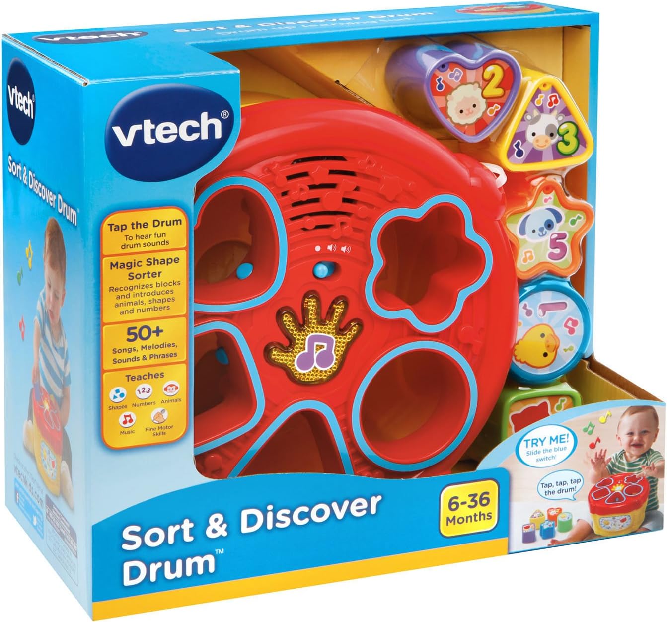 VTech Sort and Discover Drum, Yellow | Interactive Shape Sorter Learning Drum with Lights, Music & Educational Play