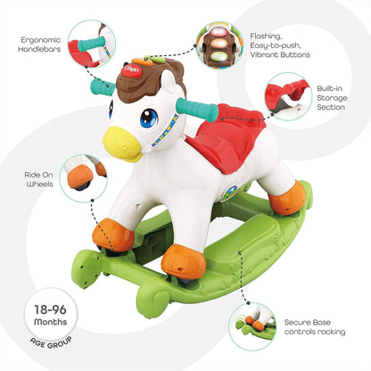 Hola 2-in-1 Pony Ride-On & Rocking Horse Toy for Kids – Musical Baby Rocker with Lights, Learning Buttons & Wheels