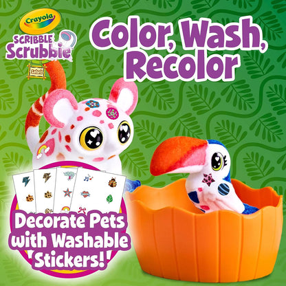 Crayola Scribble Scrubbie Pets Safari Treehouse Playset, Flocked Color and Wash Jungle Pets, Washable Markers, Stickers, Tub, Brush, Carry Case with Storage,3+