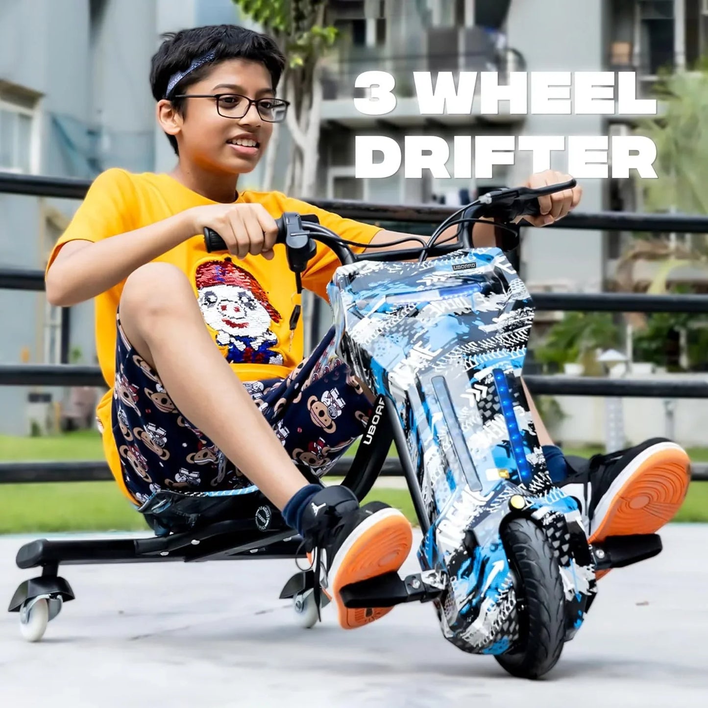 Uboard Multicolored 3-Wheel Drifter for Kids 6+: LED Lights, Bluetooth, Front Disc Brakes - Jaiman Toys