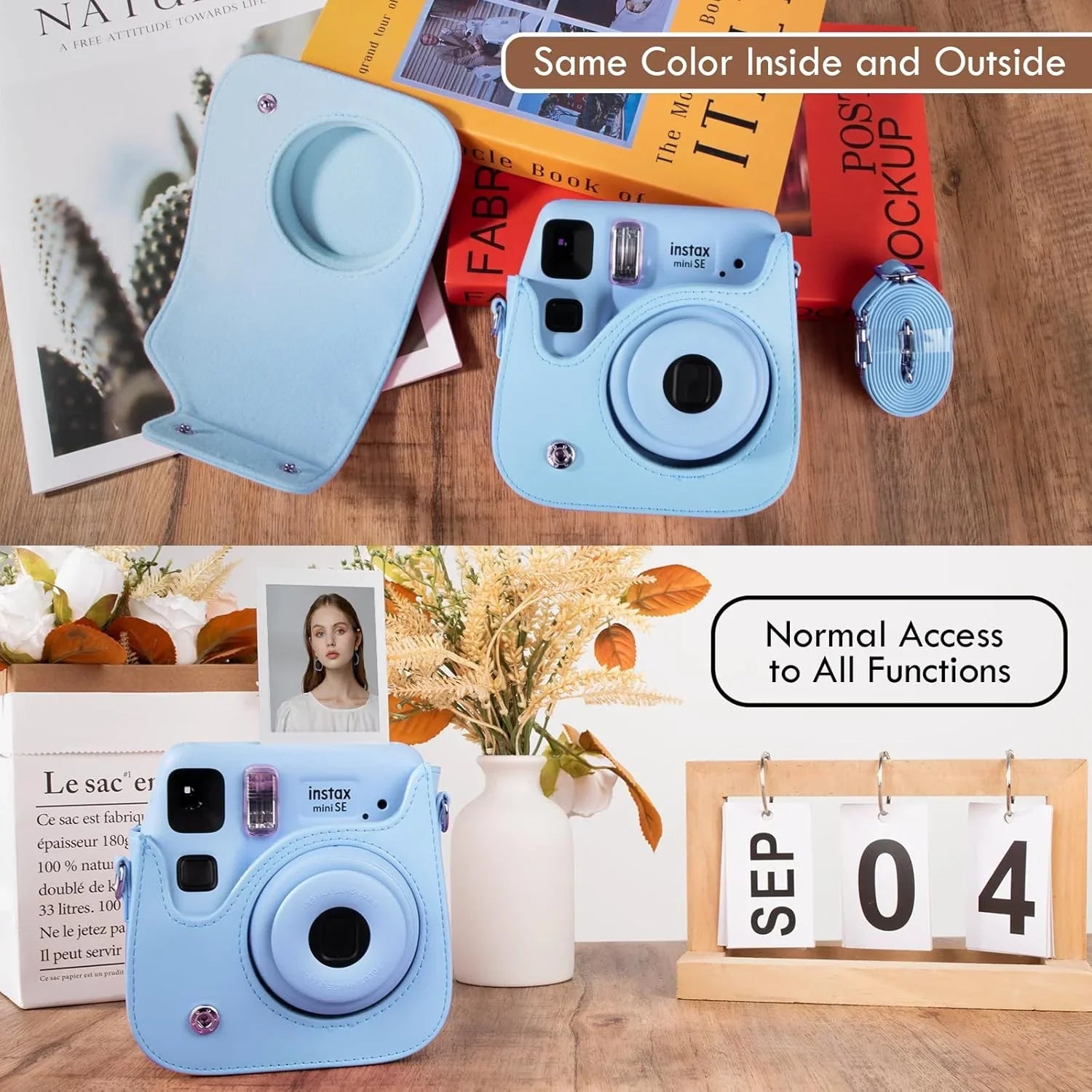PU Leather Camera Case for Instax Mini SE – Protective Pouch with Adjustable Shoulder Strap - Blue - Jaiman Toys