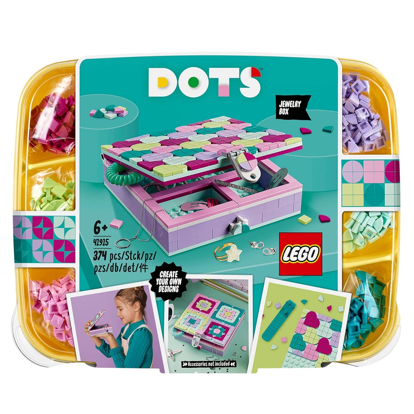 LEGO 41915 DOTS Jewellery Box Tiles Beads Set, DIY Arts and Crafts for Kids, Room Decor & Desk Accessories, Multicolor