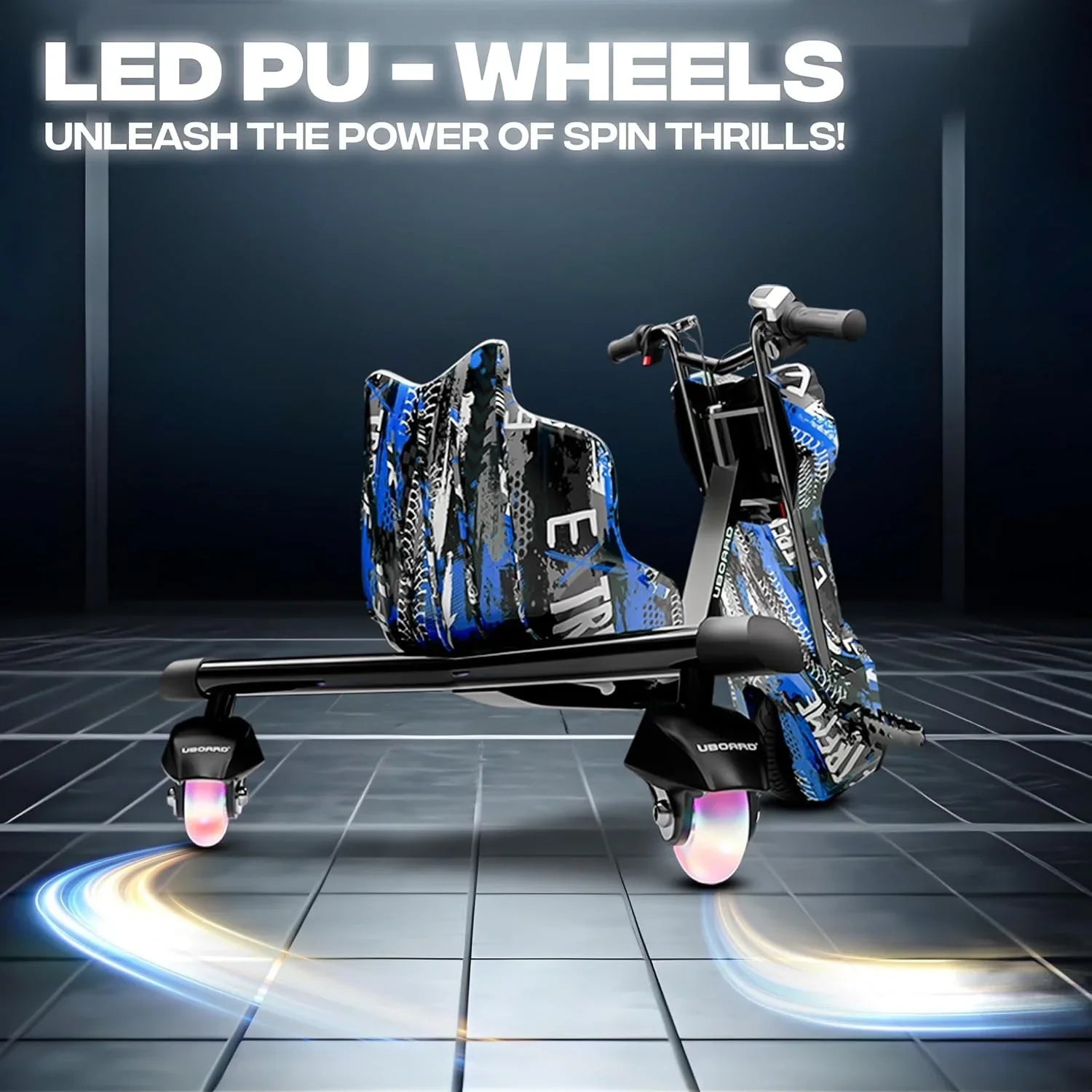 Uboard Blue 3-Wheel Drifter for Kids 6+: LED Lights, Bluetooth Front Disc Brakes - Jaiman Toys