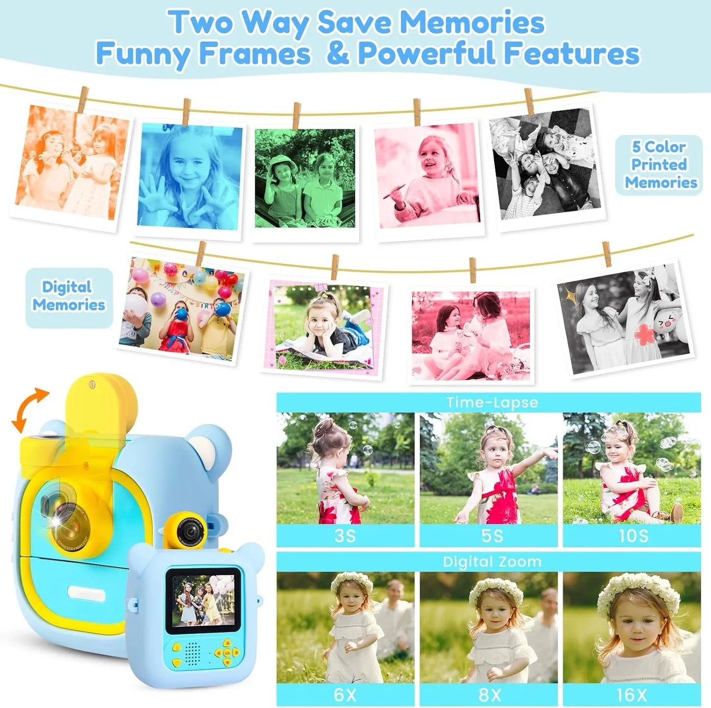 Instant Print Kids Camera – 48MP 1080P Digital Video Toy with Rotating Lens