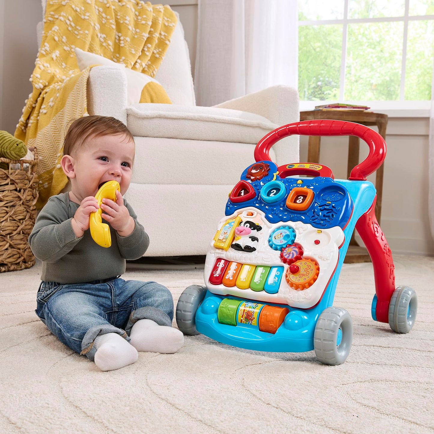 VTech Sit-to-Stand Learning Walker Interactive Baby Activity Walker with Removable Learning Center, Lights, Sounds & Music | Early Development Push Walker for Toddlers | Blue