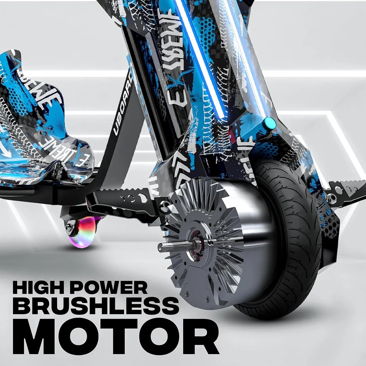 Uboard Blue 3-Wheel Drifter for Kids 6+: LED Lights, Bluetooth Front Disc Brakes - Jaiman Toys