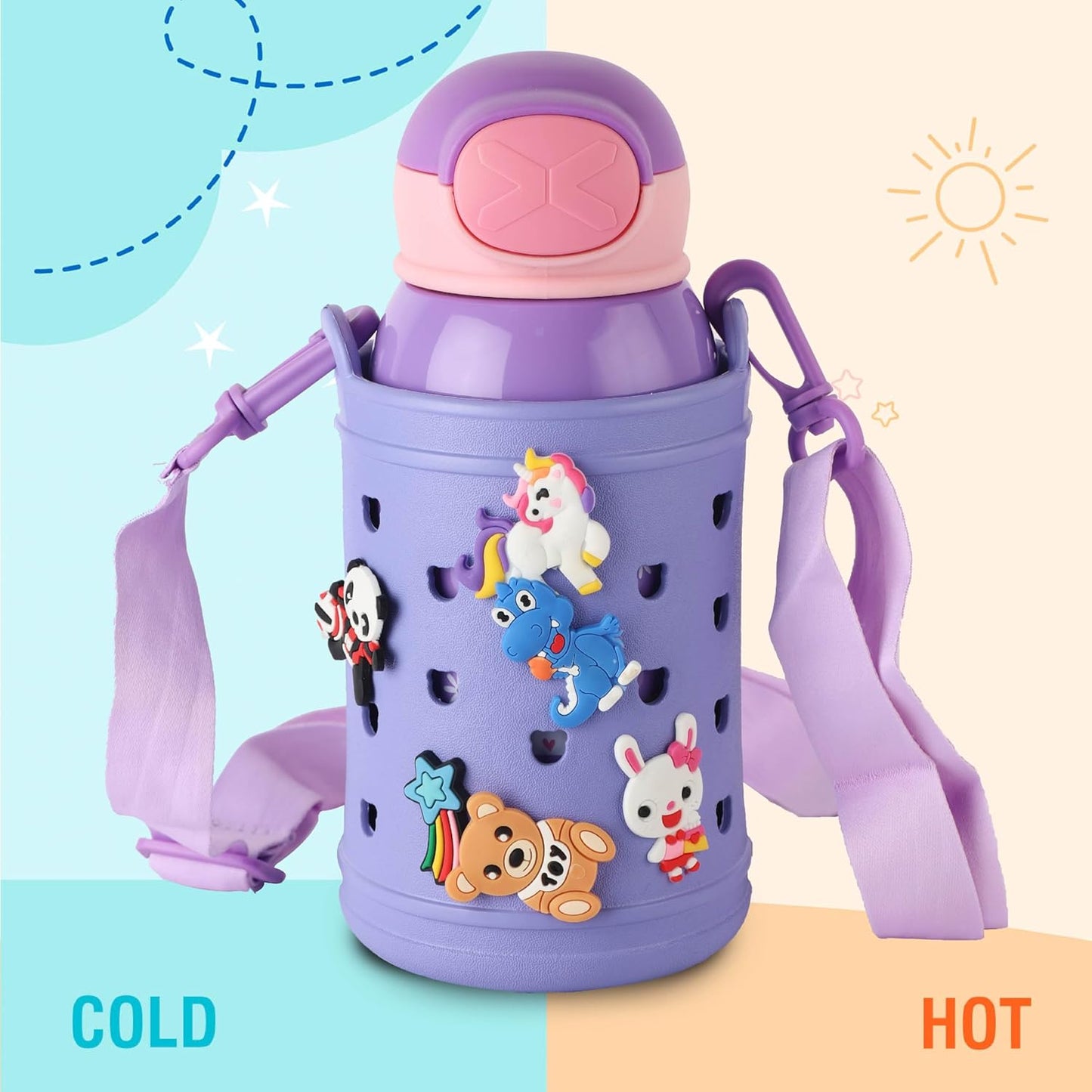 Kids Insulated Stainless Steel Water Bottle with Carry Pouch – Leakproof School Bottle with Shoulder Strap (Cute Cat Design)
