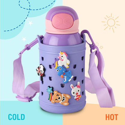 Kids Insulated Stainless Steel Water Bottle with Carry Pouch – Leakproof School Bottle with Shoulder Strap (Cute Cat Design)
