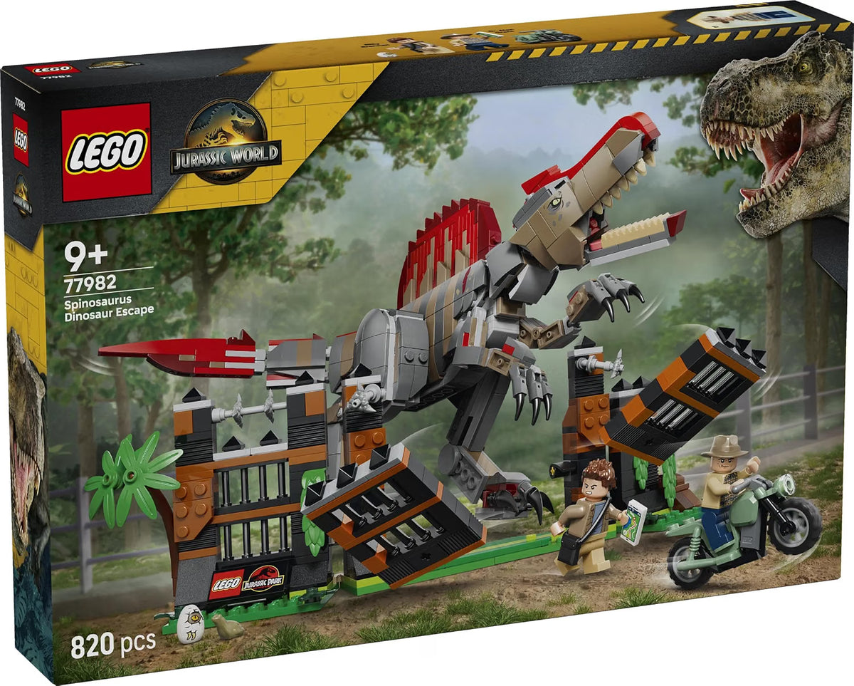 LEGO 77982 Jurassic World Spinosaurus Dinosaur Escape – 820-Piece Posable Dinosaur Playset with 2 Minifigures, Ages 9+