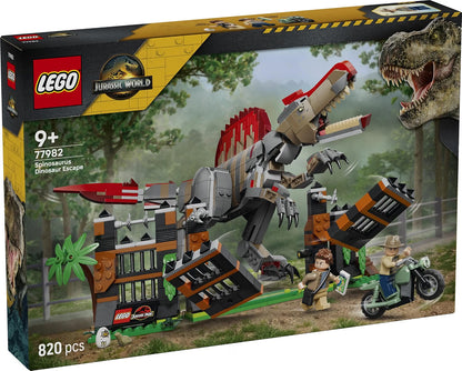 LEGO 77982 Jurassic World Spinosaurus Dinosaur Escape – 820-Piece Posable Dinosaur Playset with 2 Minifigures, Ages 9+
