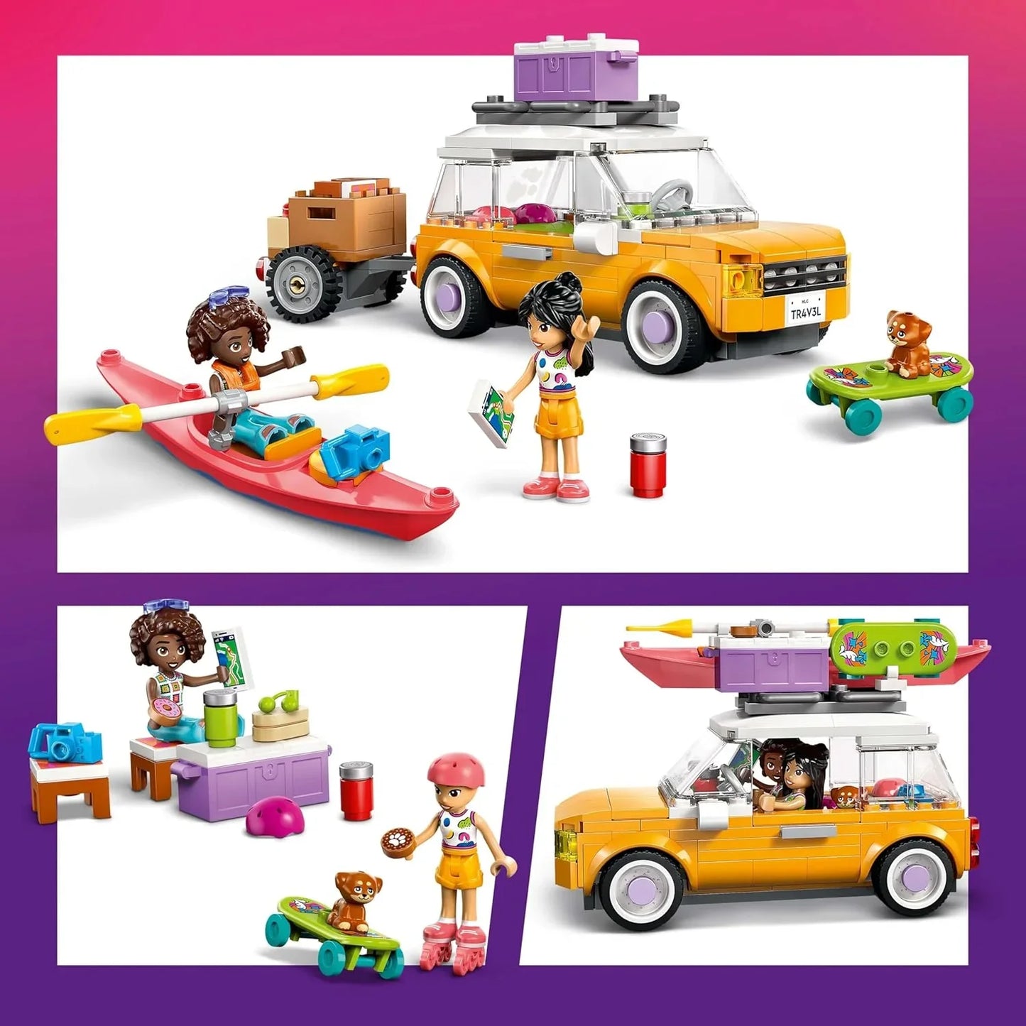 LEGO Friends 42659 Friendship Road-Trip Travel Car Toy with Trailer, 2 Mini Dolls, a Pet Dog Figure, Kayak & Fun Accessories incl. a Skateboard & Roller Skates - Building Set for 6+ Year Old Girls