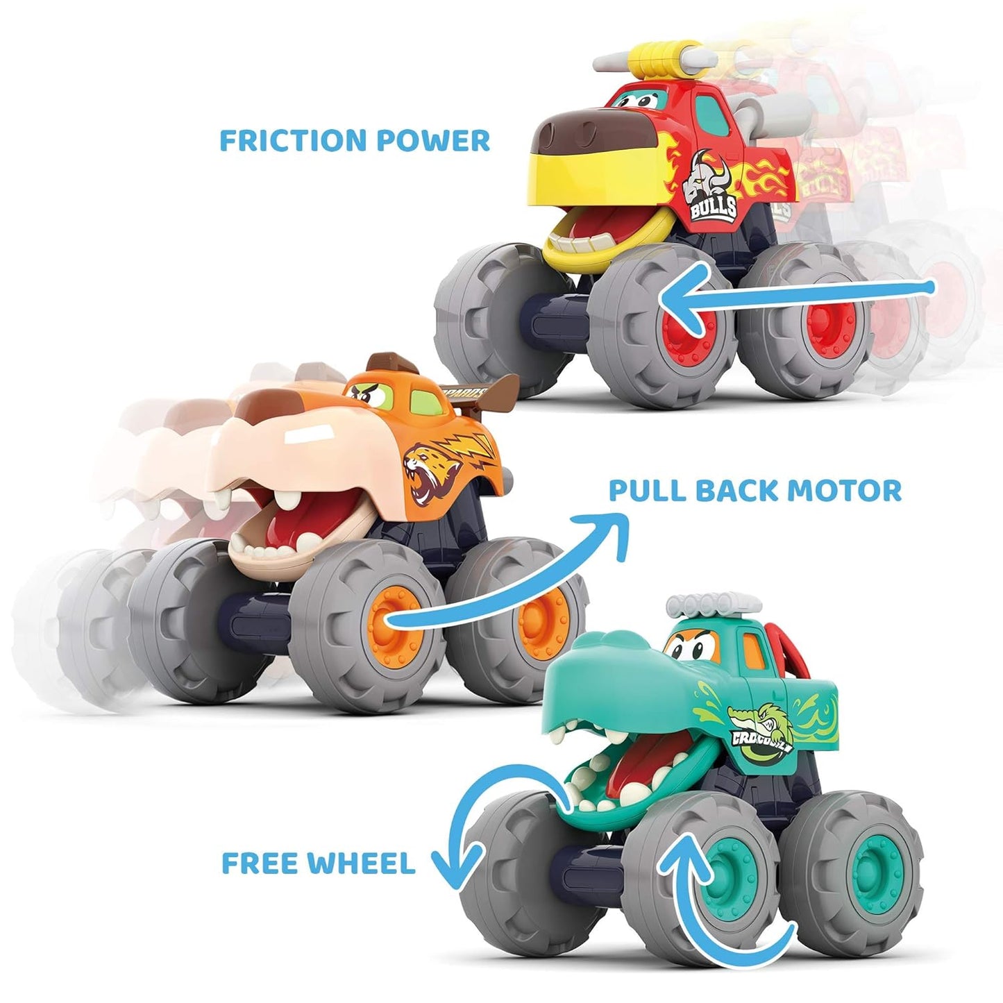 Hola Monster Trucks Toy Set – 3 Cartoon Push & Go Trucks for Toddlers (Pull-Back, Friction Powered, 12–60 Months)