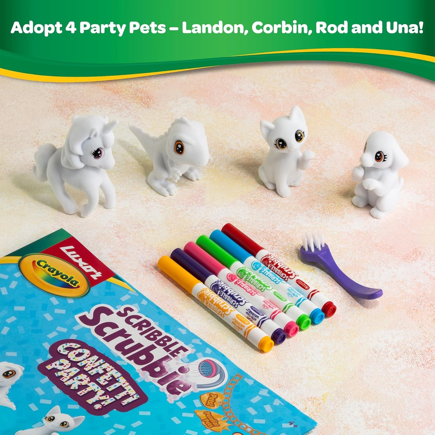 Crayola Scribble Scrubbie Confetti Party, 4 Washable Pets, 6 Markers & 1 Scrub Brush, Non-Toxic, Gift for Kids