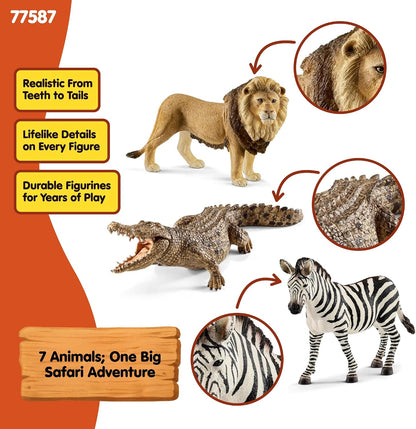 Schleich Wild Life - 7PC Savannah Animal Toy Bundle | 77763 | African Wildlife Playset, Zebra Giraffe Monkey Alligator Cheetah Hippo Lion Figurines