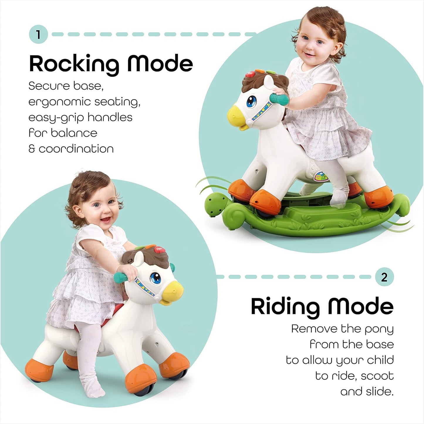 Hola 2-in-1 Pony Ride-On & Rocking Horse Toy for Kids – Musical Baby Rocker with Lights, Learning Buttons & Wheels