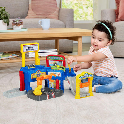 VTech Go! Go! Smart Wheels Speedy Repair Shop | Interactive Vehicle Garage Playset with SmartPoint Car, Car Wash & Repair Station for Toddlers