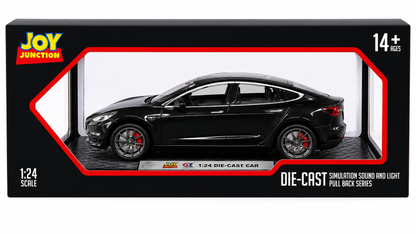 Joy Junction 1:24 Scale Tesla Model 3 Die-Cast Car Model with Sound & Light – Pull Back Metal Collectible Toy Car (Black)