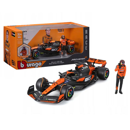 Bburago 1:24 McLaren MCL38 Miami GP 2024 – Oscar Piastri Diecast Car with Driver Figurine
