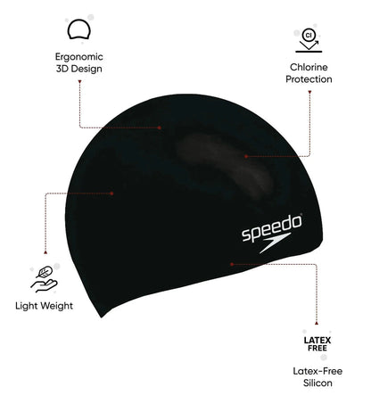 Speedo Unisex Flat Silicone Swim Cap, Lightweight Latex-Free Snag-Free Swimming Cap for Men and Women – Black