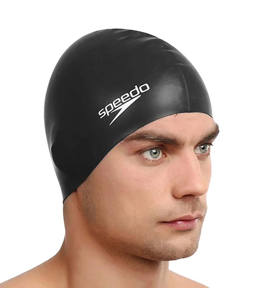 Speedo Unisex Flat Silicone Swim Cap, Lightweight Latex-Free Snag-Free Swimming Cap for Men and Women – Black