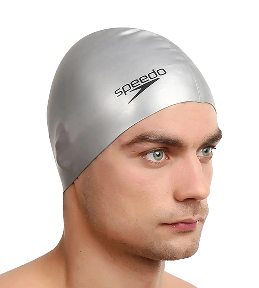 Speedo Unisex Flat Silicone Swim Cap, Lightweight Latex-Free Snag-Free Swimming Cap for Men and Women – Silver
