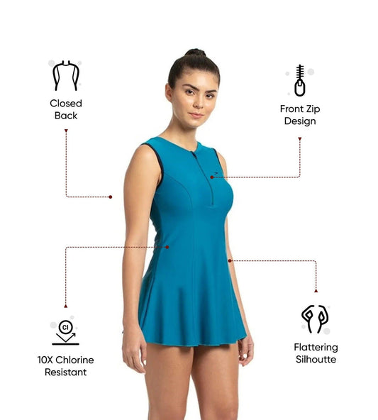 Speedo Closedback Swimdress with Boyleg for Women – Nordic Teal & True Navy | Chlorine Resistant Swimwear with UPF 40+ Protection