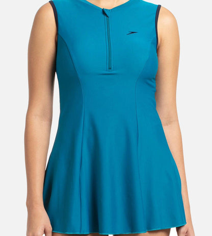Speedo Closedback Swimdress with Boyleg for Women – Nordic Teal & True Navy | Chlorine Resistant Swimwear with UPF 40+ Protection