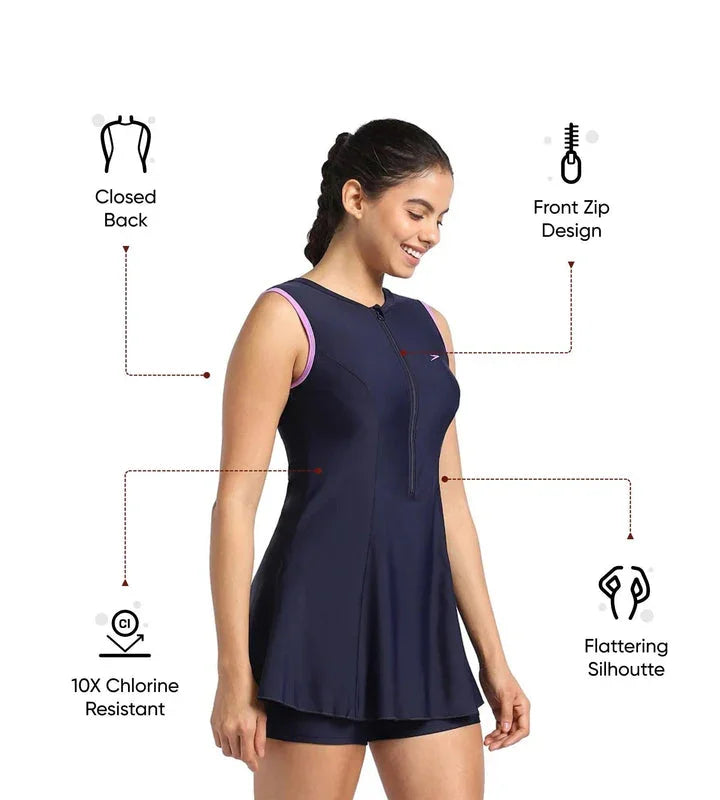 Speedo Women's Endurance 10 Closedback Swimdress With Boyleg - True Navy & Sweet Purple - Jaiman Toys
