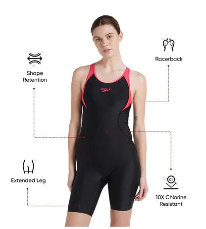 Speedo Women's Endurance 10 Essential Panel Racerback Legsuit Swimwear - Black & Raspberry Fill Size -38 - Jaiman Toys