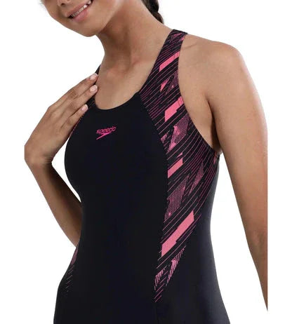 Speedo Girl's Endurance 10 Hyperboom Splice Racerback One-Piece V-Cut Swimsuit – True Navy & Electric Pink, Size 24 | Chlorine Resistant & UPF 40+ - Jaiman Toys