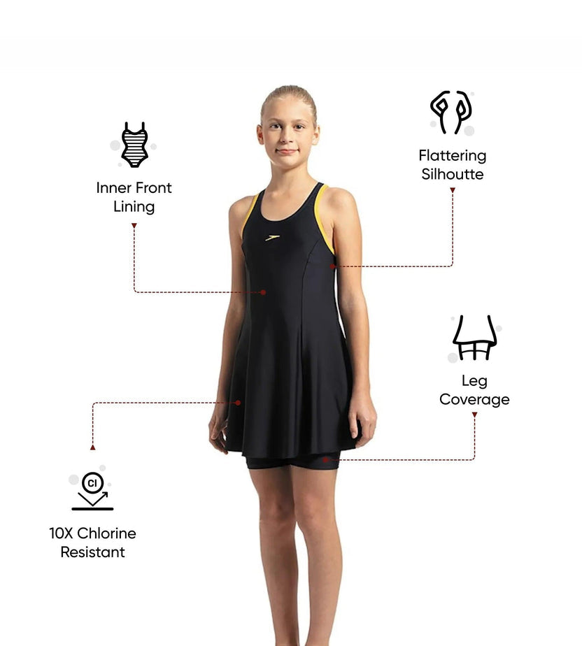 Speedo Racerback Swimdress with Boyleg for Girls – True Navy & Mango | Chlorine Resistant Swimming Costume with UPF 40+ Protection