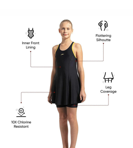 Speedo Racerback Swimdress with Boyleg for Girls – True Navy & Mango | Chlorine Resistant Swimming Costume with UPF 40+ Protection