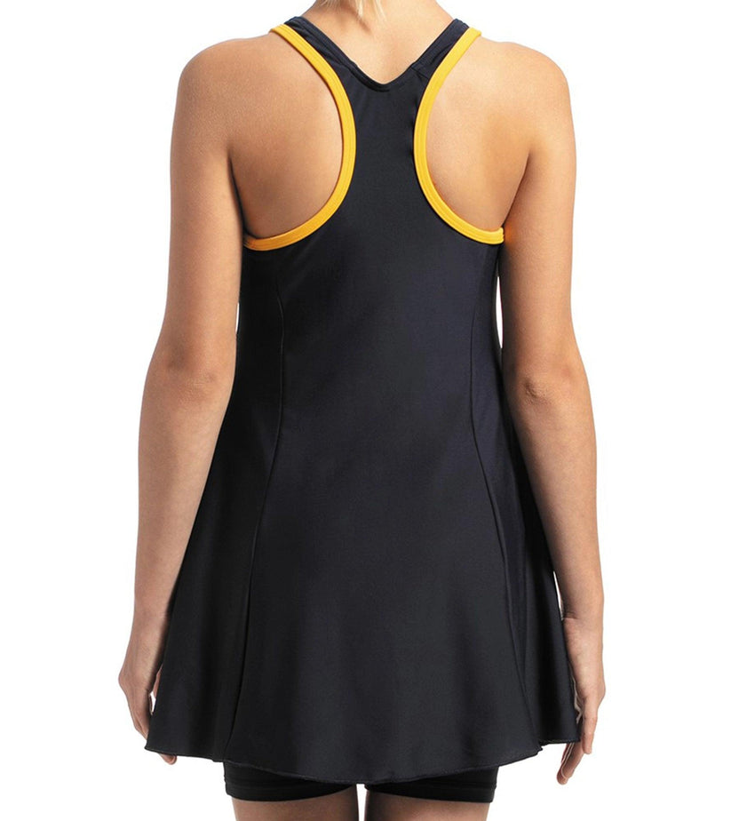 Speedo Racerback Swimdress with Boyleg for Girls – True Navy & Mango | Chlorine Resistant Swimming Costume with UPF 40+ Protection