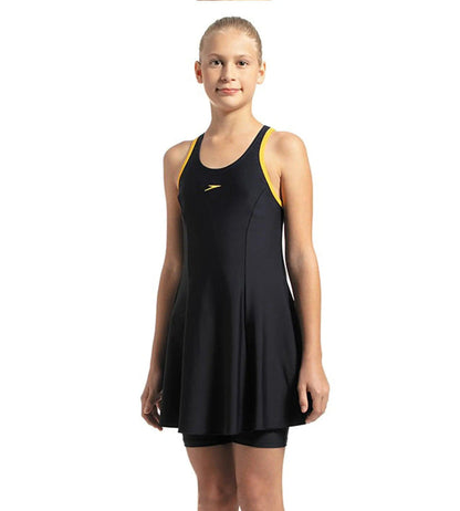 Speedo Racerback Swimdress with Boyleg for Girls – True Navy & Mango | Chlorine Resistant Swimming Costume with UPF 40+ Protection