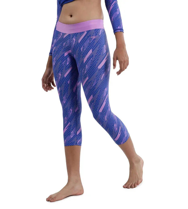 Speedo Girl's Endurance 10 Hyperboom Printed Capri – Sweet Purple & True Cobalt, Size for 10 Year Girl | Chlorine Resistant & UPF 40+ Sun Protection - Jaiman Toys