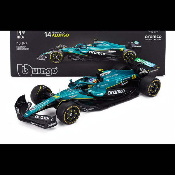 Bburago 1:24 Aston Martin Aramco Cognizant F1 Team AMR25 No.14 Fernando Alonso (2025 Season) Die-Cast Model Car with Driver Figure & Showcase