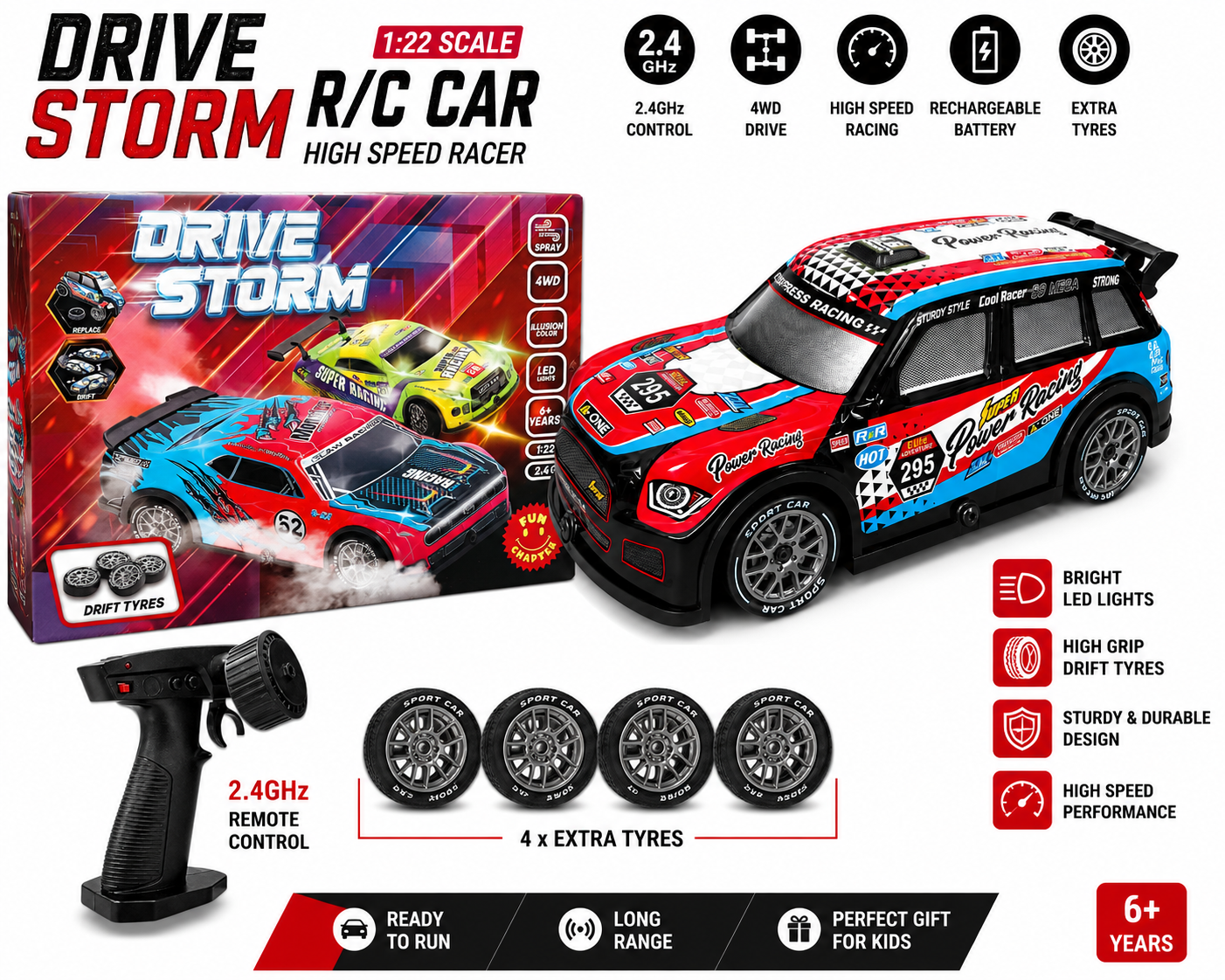 Drive Storm 1:22 Scale 4WD RC Drifting Car with Spray Mist, LED Lights & 2.4GHz Remote Control – High Speed Racing Toy Car with Drift Tyres for Kids