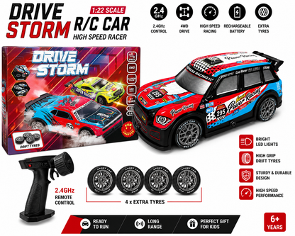 Drive Storm 1:22 Scale 4WD RC Drifting Car with Spray Mist, LED Lights & 2.4GHz Remote Control – High Speed Racing Toy Car with Drift Tyres for Kids