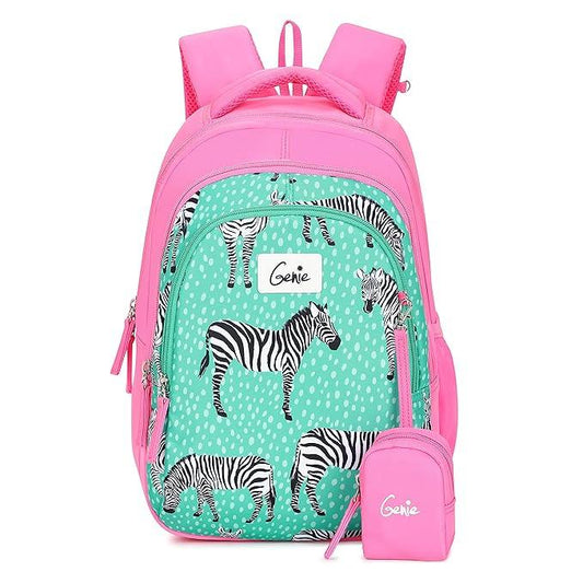 Genie Valerie Kids Backpacks, 15 inches, Cute, Colourful bags for girls, Water Resistant and Lightweight. 3 compartment with Happy Pouch - Jaiman Toys