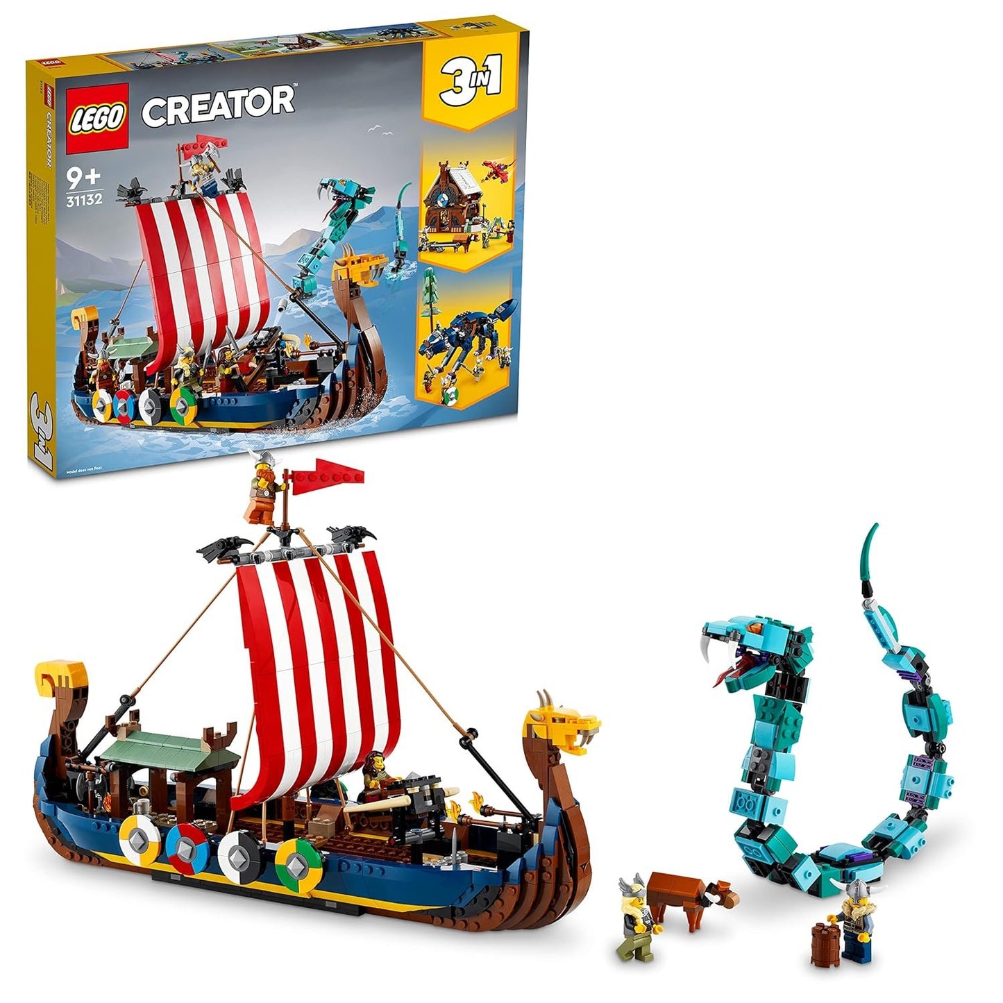 LEGO Creator 3in1 Viking Ship&amp;The Midgard Serpent 31132 Building Kit (1,192 Pcs),Multicolor