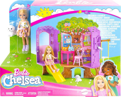 Barbie Chelsea Doll & Treehouse Playset with Pet Puppy – Dollhouse with Furniture, Slide & 10+ Accessories
