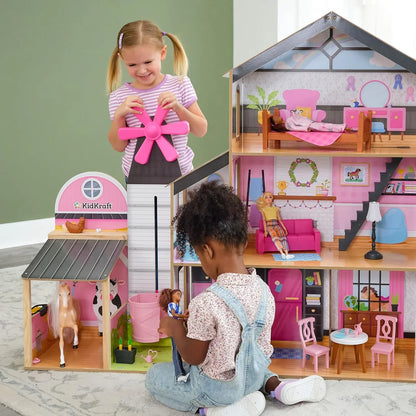 Windmill Elevator 2-in-1 Wooden Barn & Dollhouse with Horse and Lights & Sounds, Over 3 Feet Tall, Pink